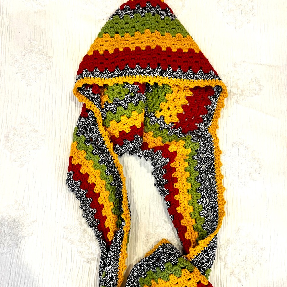 Happy HoodieScarf made in Asheville. Red, yellow, green, black and white. Unisex
